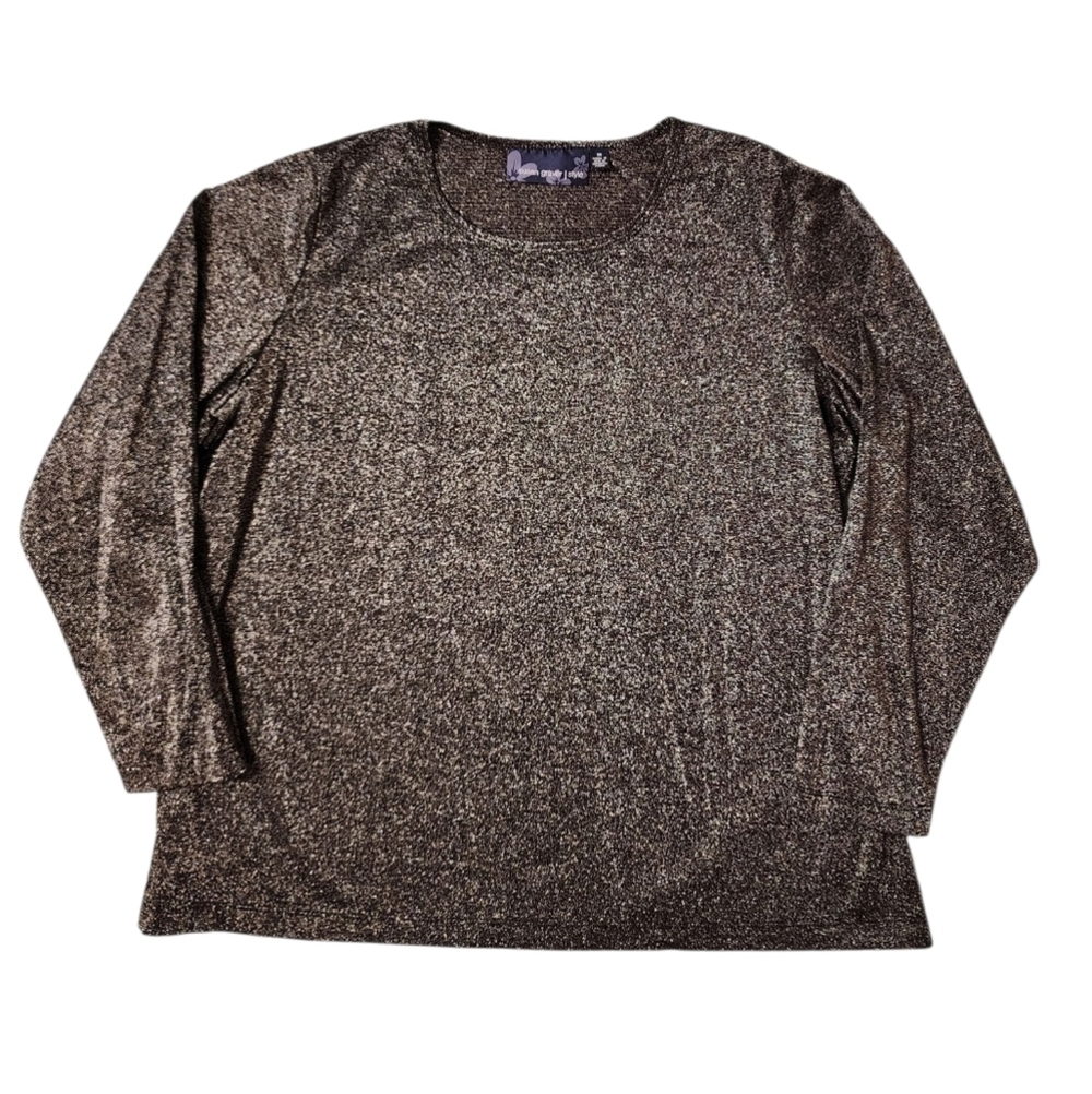 Susan Graver Metallic Black Silver Long Sleeve Blouse Top Plus Size 1X Sparkle